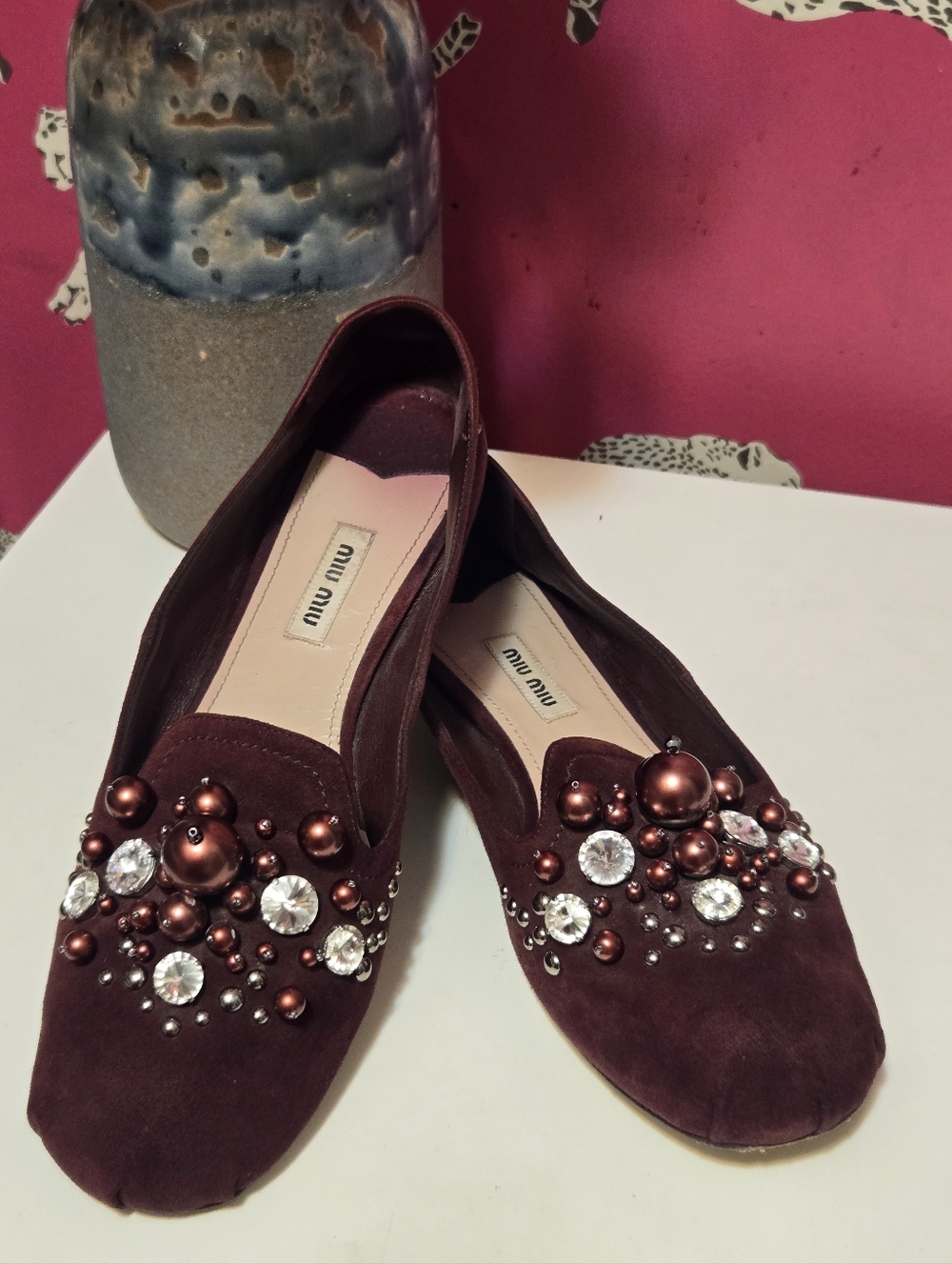 Miu Miu Embellished Burgundy Suede Women's Ballet Flats Loafers Size 40 IT 9 US - Picture 1 of 11